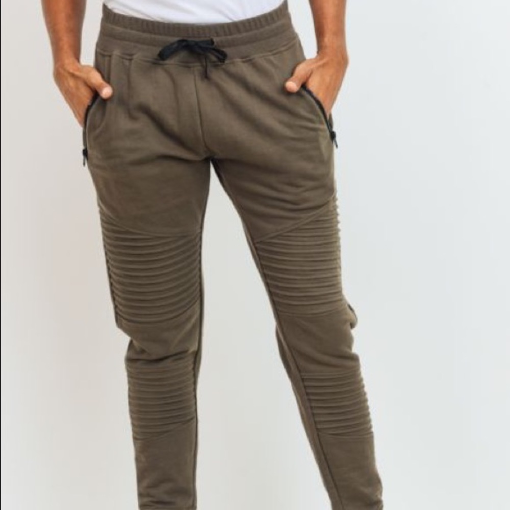 Men’s Khaki Brown Ribbed Moto Jogger Sweatpants Zippered Pockets Size Medium